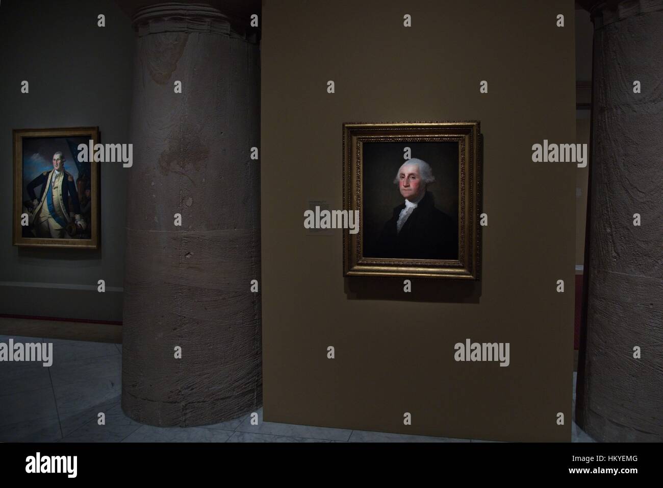 Porträts Präsident George Washington in der National Portrait Gallery Kunstmuseum, Teil der Smithsonian Institution untergebracht im historischen Altbau Patentamt in Washington, DC. Stockfoto