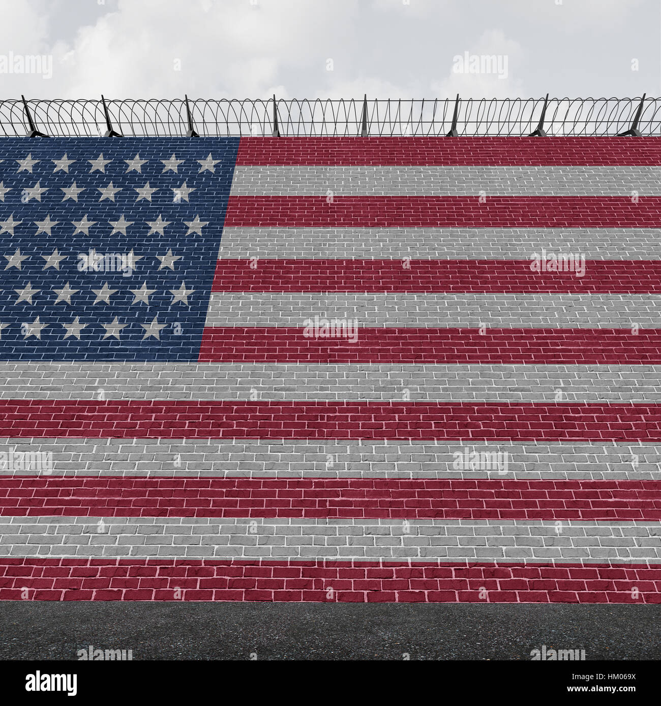 Amerikanische Grenze Wand Konzept als Sicherheit Barrikade mit der Flagge der Vereinigten Staaten als Zoll- und Land Grenze Barriere mit Stacheldraht als eine Stockfoto