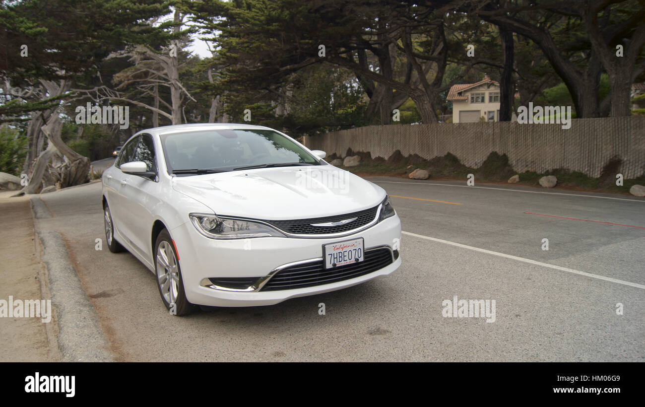 CARMEL, Kalifornien, Vereinigte Staaten von Amerika - 6. Oktober 2014: Pescadero Punkt am 17-Mile-Drive, ist bekannt als Ghost Tree. Es wird, seinen Namen von den weißen knorrigen lokalen Zypressen im Bereich die in den Sinn bringen etwas gruseligen Geister. Nahaufnahme eines Autos Stockfoto