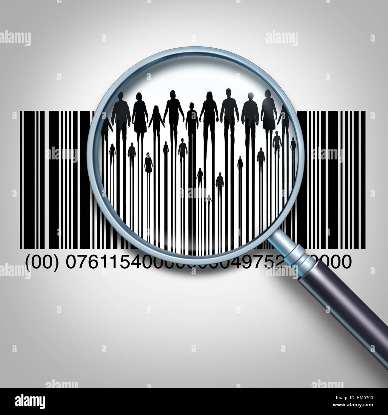 Kundensuche und auf der Suche nach Client Daten oder Käufer Informationen Geschäftskonzept als Vergrößerungsglas auf einen Produktcode Bar Einzelhandel ausgerichtet. Stockfoto