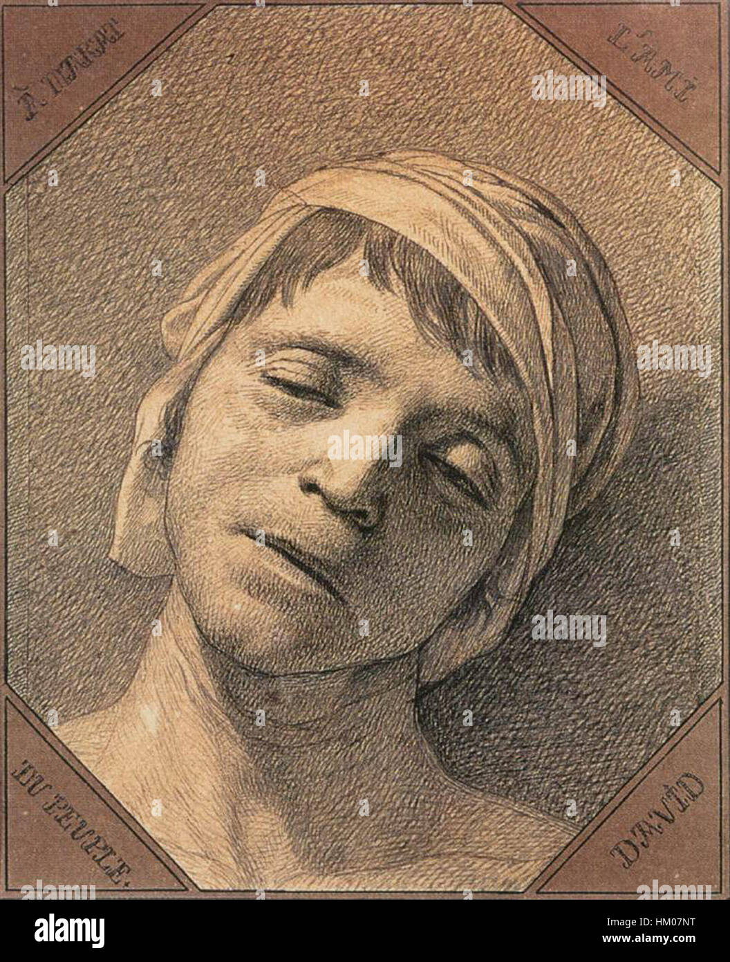 Dieses Gemälde von Jacques-Louis David ist eine Studie über den Kopf von Jean-Paul Marat, der am 13. Juli 1793 ermordet wurde. Das Werk zeigt die dramatischen Folgen des Ereignisses und stellt Davids Meisterschaft in der historischen Darstellung dar. David ist bekannt für seinen neoklassizistischen Stil und fängt die emotionale Intensität der Französischen Revolution in diesem kraftvollen Bild ein. Stockfoto