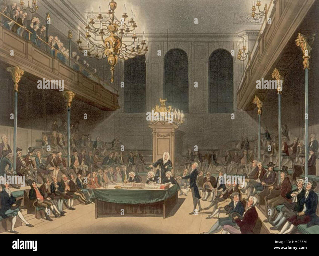 Dieses Kunstwerk, das „House of Commons Microcosm“, bietet eine detaillierte Darstellung des britischen politischen Systems mit Schwerpunkt auf dem House of Commons im britischen Parlament. Das Stück betont die Struktur und den Fluss politischer Aktivitäten. Stockfoto