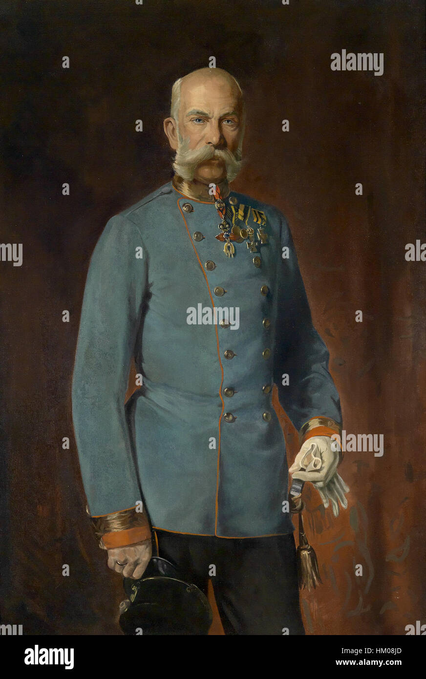 Dieses um 1900 gemalte Porträt von Kaiser Franz Joseph zeigt ihn in Vollfeldmarschall-Uniform, was seine militärische Führung während des österreichisch-ungarischen Reiches um die Jahrhundertwende hervorhebt. Stockfoto