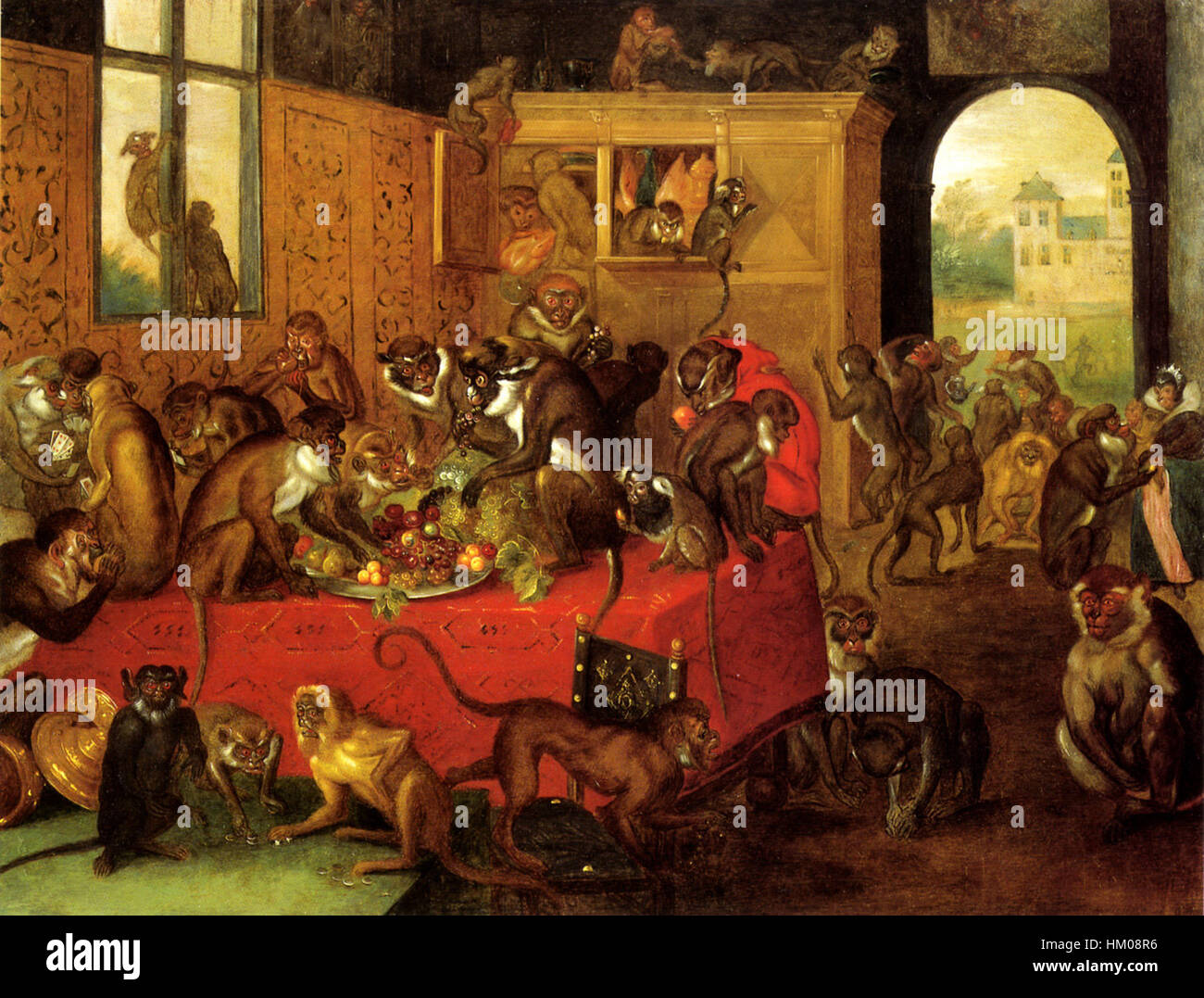 „Kessel Monkeys' Feast“ stellt eine humorvolle Szene von Affen dar, die sich um Essen versammeln und eine verspielte Erzählung in einem europäischen Malstil des 17. Jahrhunderts erschaffen. Die Arbeit beleuchtet die Verwendung von Tieren in der Kunst während dieser Zeit. Stockfoto