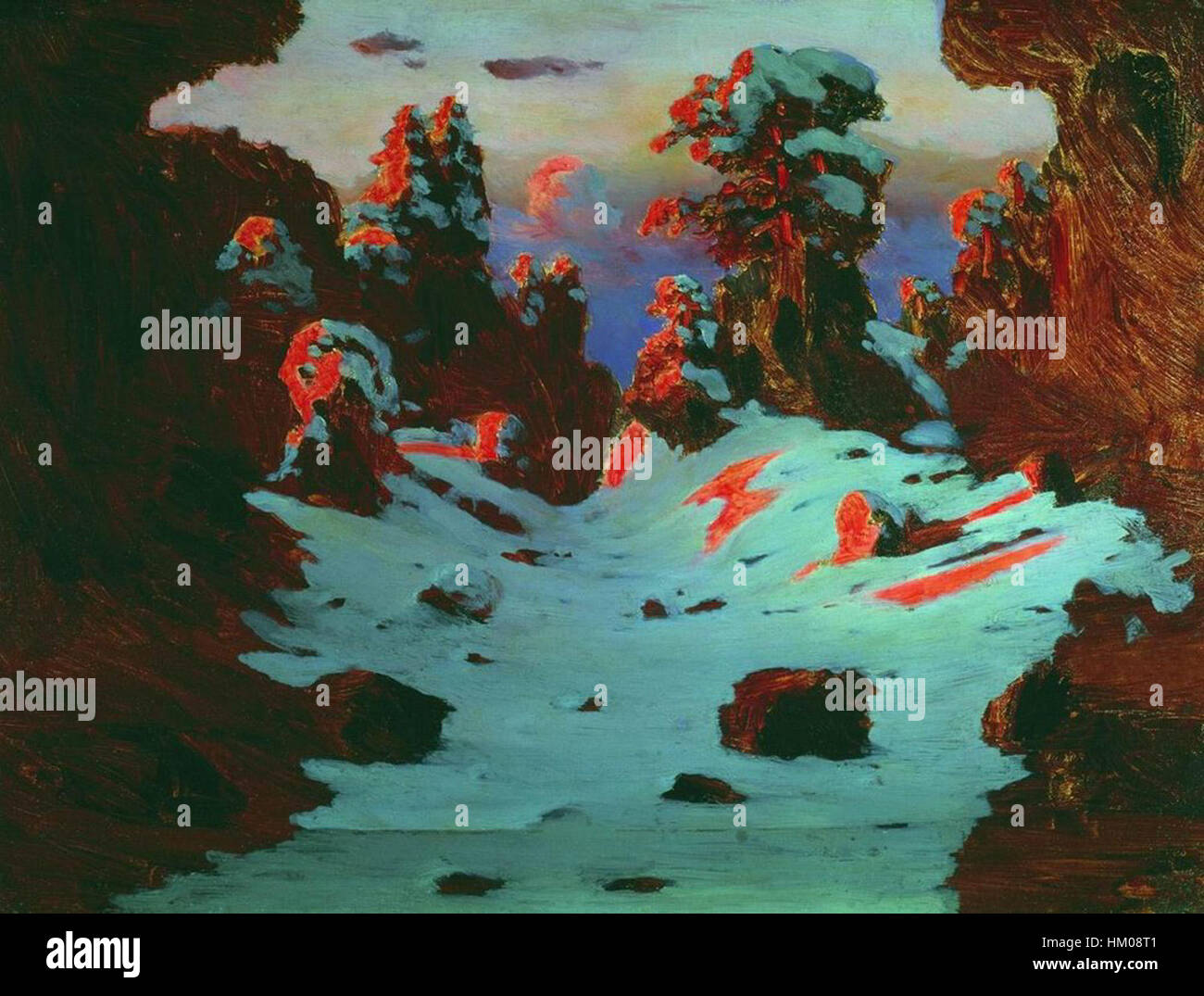 Ein Gemälde von Arkhip Kuindzhi mit dem Titel „Sunset Effect“, das die lebendigen Farben und die dramatische Beleuchtung eines Sonnenuntergangs einfängt. Das Gemälde zeigt die Beherrschung des Lichts und der Atmosphäre des Künstlers mit intensiven warmen Farbtönen und kontrastierenden kühlen Schatten, die typisch für Kuindzhis Arbeiten im späten 19. Jahrhundert sind. Stockfoto