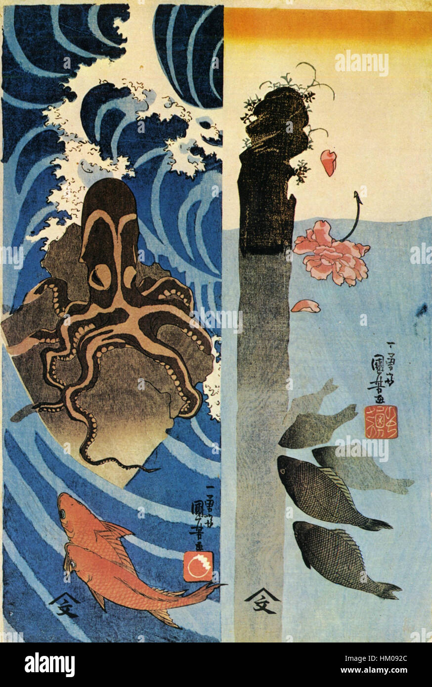 Ein Druck von Kuniyoshi Utagawa, der einen Oktopus und roten Fisch im traditionellen japanischen Stil darstellt. Utagawas Werk ist bekannt für seine dynamischen und detaillierten Darstellungen natürlicher Objekte, die japanische Ukiyo-e-Kunsttraditionen widerspiegeln. Stockfoto