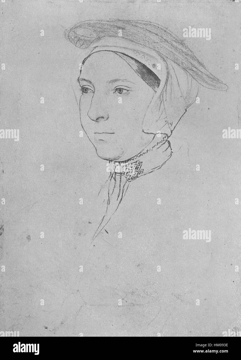 Das Porträt von Hans Holbein dem Jüngeren zeigt eine unbekannte Adlige, die die Realismus-Kunst des Künstlers und die detaillierte Darstellung der Mode und des Status der Renaissance zeigt. Stockfoto