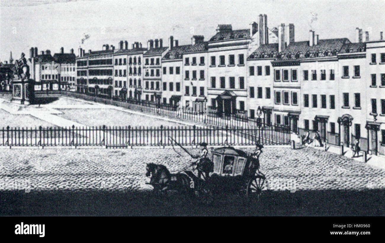 Dieses Gemälde stellt den Leicester Square in London während des 18. Jahrhunderts dar und erfasst die sozialen und architektonischen Merkmale des Platzes der Zeit. Es veranschaulicht die kulturelle Lebendigkeit des Gebiets und spiegelt seine Bedeutung als öffentlicher Raum wider. Stockfoto