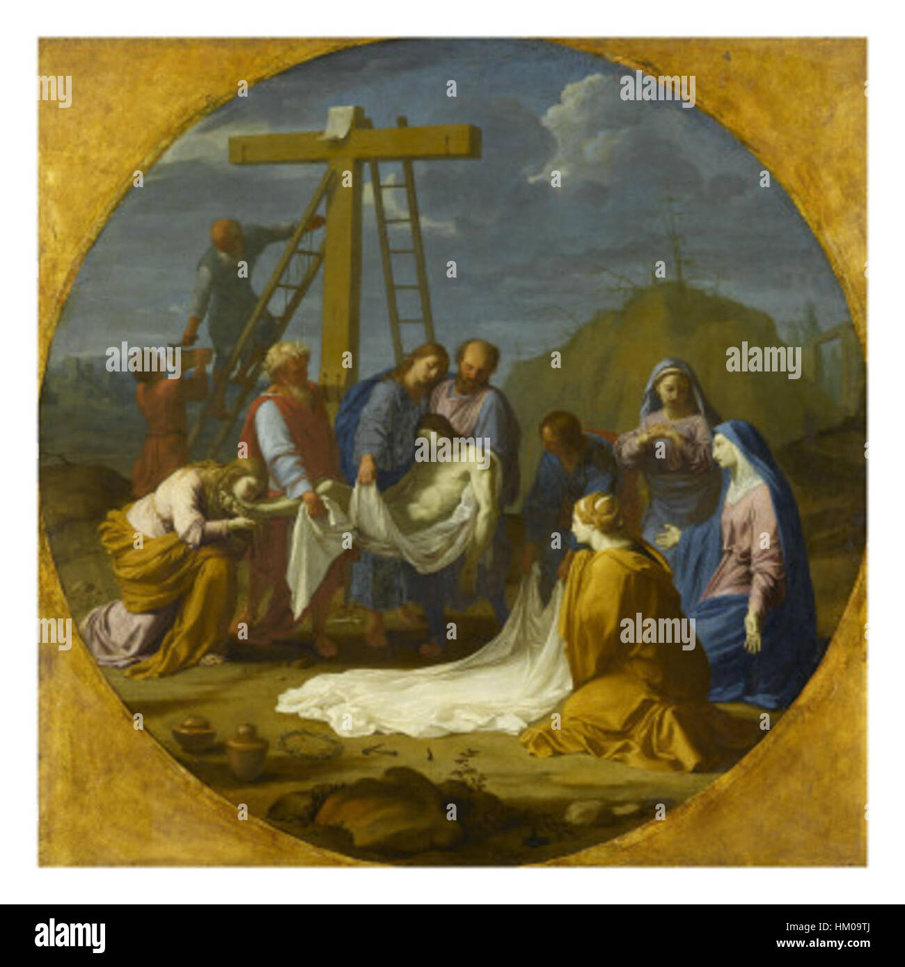 „Descente de Croix“ von Le Sueur ist ein barockes Gemälde, das den Moment der Abkunft Christi vom Kreuz darstellt. Das Kunstwerk ist voller Emotionen und fängt die Trauer und Ehrfurcht der Figuren ein, die an dieser heiligen Szene beteiligt sind. Die Verwendung von Licht und Schatten verstärkt die dramatische Intensität des Augenblicks. Stockfoto