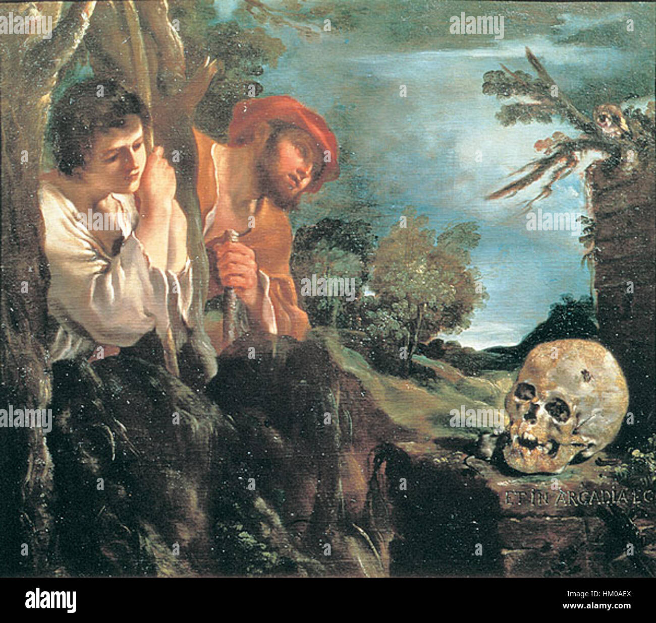 Guercinos „et in Arcadia Ego“ ist ein Meisterwerk, das eine Gruppe von Hirten zeigt, die ein Grab entdecken, eine Reflexion über das Thema Sterblichkeit. Das Gemälde ist ein prominentes Beispiel barocker Kunst und zeigt Guercinos Fähigkeit, emotionale Tiefe zu schaffen und Licht zu verwenden. Stockfoto