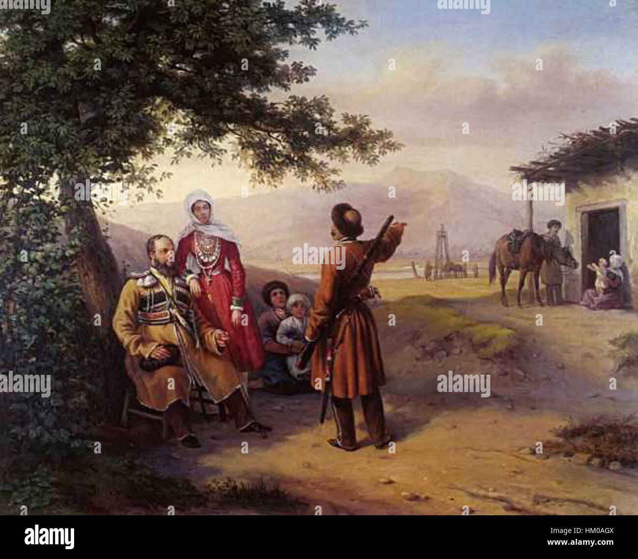 Ein Porträt von Grigori Gagarin, das Arnautovebi, eine prominente Figur, darstellt. Das Gemälde veranschaulicht Gagarins Geschick, die Persönlichkeit des Themas und den historischen Kontext der Zeit zu erfassen. Stockfoto