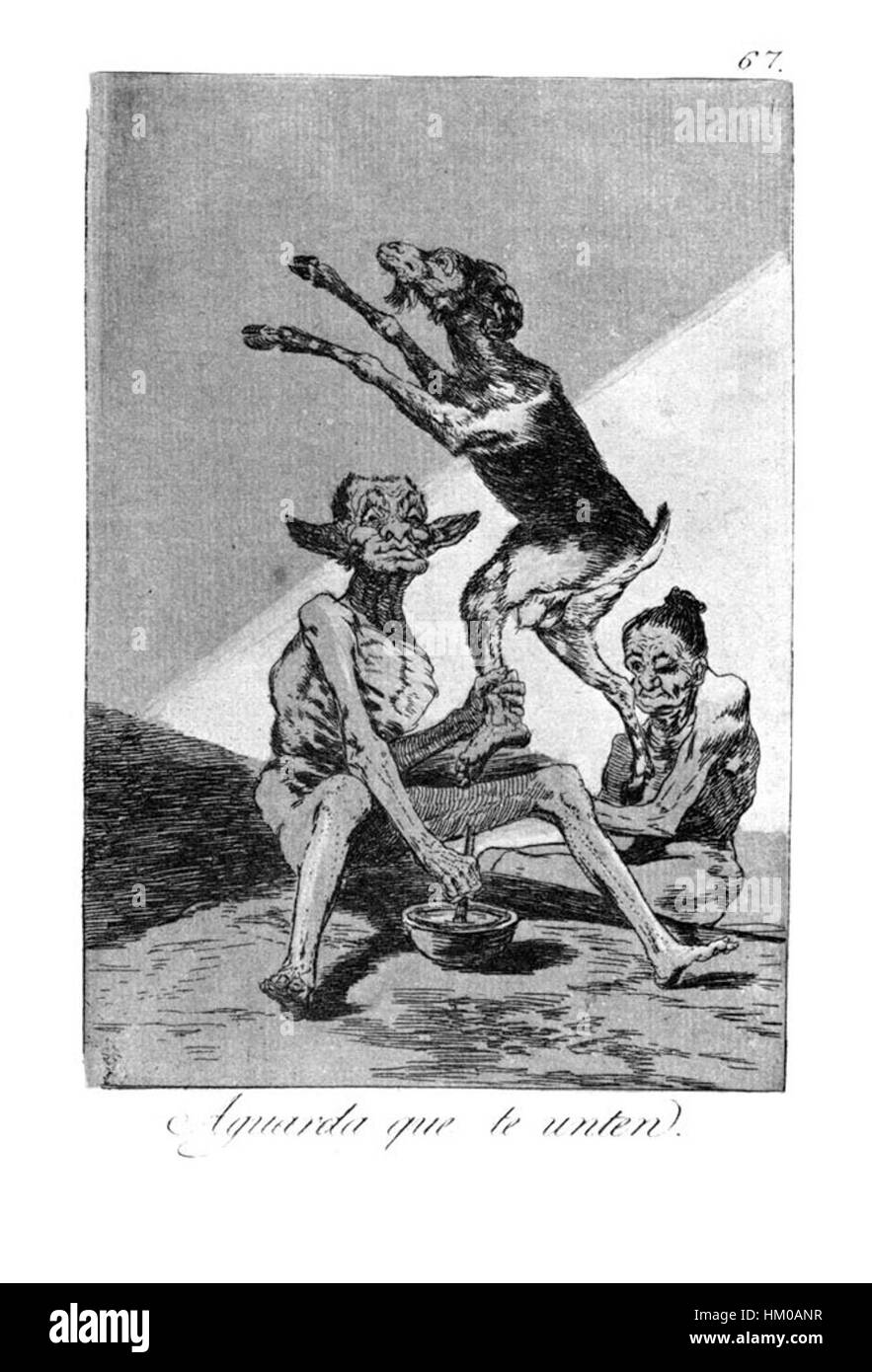 Francisco Goyas Serie „Caprichos“, speziell Print 67, beschäftigt sich mit der Kritik des Künstlers an sozialen Fragen und der menschlichen Situation. Durch scharfe Satire und eindrucksvolle Bilder kritisiert Goya die gesellschaftlichen Normen des Spanien des 18. Jahrhunderts und bietet fundierte Kommentare zum moralischen und politischen Klima der Zeit. Sein Werk ist ein wichtiger Teil der Kunstgeschichte. Stockfoto