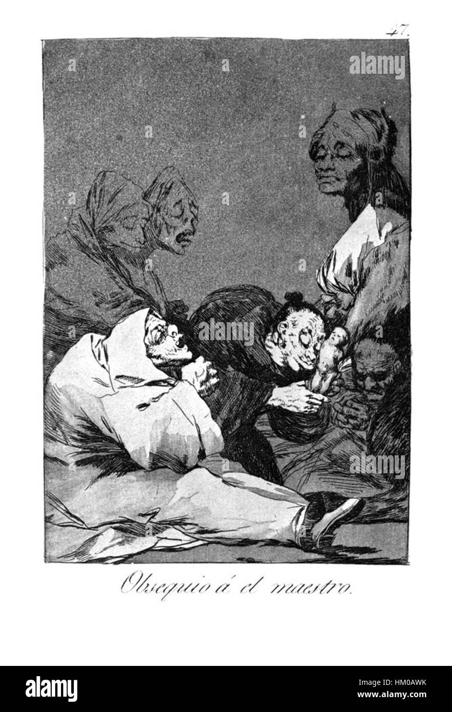 Ein Abdruck aus Francisco Goyas „Caprichos“-Serie, Nummer 47. Bekannt für seine satirischen und dunklen Kommentare über die Gesellschaft, spiegelt diese Ätzung Goyas kritische Sicht auf das spanische Leben und die menschliche Situation im späten 18. Jahrhundert wider. Stockfoto