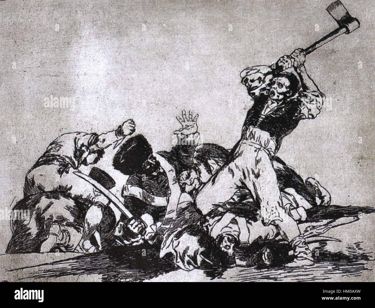 Francisco Goyas *war*-Serie, insbesondere *war 2*, beleuchtet die Schrecken des Konflikts mit anschaulichen Darstellungen von Gewalt und Leid. Diese Stiche wurden Anfang des 19. Jahrhunderts geschaffen und drücken Goyas tiefe Kritik am Krieg und seinen verheerenden Auswirkungen auf die Gesellschaft aus. Die Serie bleibt ein kraftvolles Antikriegsstatement in der Kunstgeschichte. Stockfoto