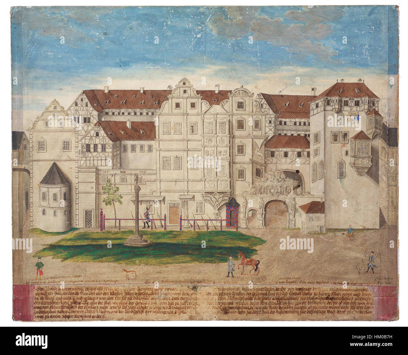 Johann Georg Kaufmanns „Bamberger Alte Hofhaltung 1777“ zeigt das historische Bamberger Schloss und den Innenhof. Dieses Kunstwerk aus dem 18. Jahrhundert zeigt den neoklassischen Architekturstil, ein Schlüsselmerkmal der europäischen Kunst in dieser Zeit. Stockfoto