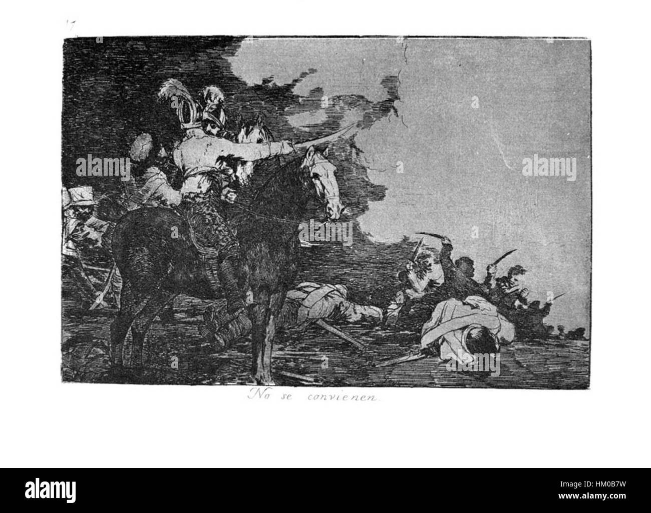 „Goya-Guerra (17)“ ist ein Kunstwerk, das Francisco Goya zugeschrieben wird und Themen des Krieges und des menschlichen Leidens darstellt. Bekannt für seine dramatische Darstellung von Gewalt und Konflikten, spiegelt dieses Stück Goyas Kommentar über die Schrecken des Krieges wider. Stockfoto