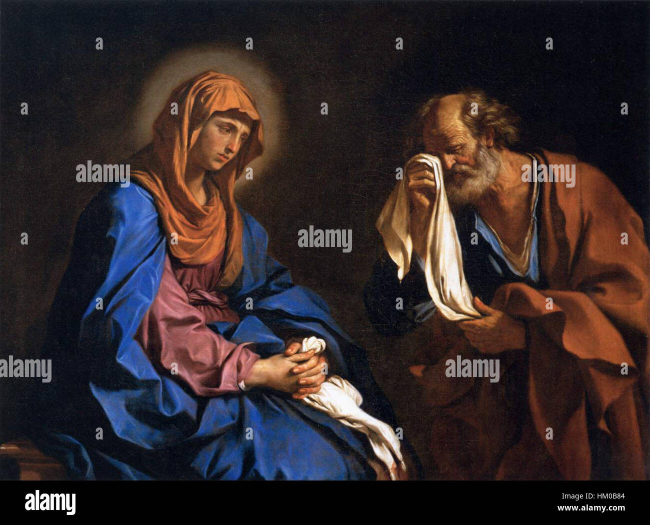 Guercinos Gemälde „St. Peter weinend vor der Jungfrau“ zeigt den emotionalen Moment des Trauers des heiligen Petrus nach der Verleugnung Christi in barockem Stil. Das Werk betont dramatische Emotionen durch den intensiven Einsatz von Licht und Schatten, ein Markenzeichen von Guercinos künstlerischem Ansatz. Stockfoto