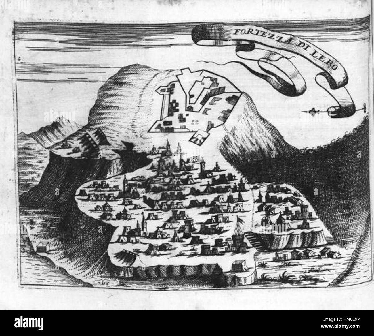 Grav Leros 1695 ist ein Stich, der die griechische Insel Leros zeigt. Das Kunstwerk ist eine historische Darstellung der Landschaft der Insel und zeigt Wahrzeichen, die die mediterrane Kultur und Geographie der Region im späten 17. Jahrhundert widerspiegeln. Stockfoto