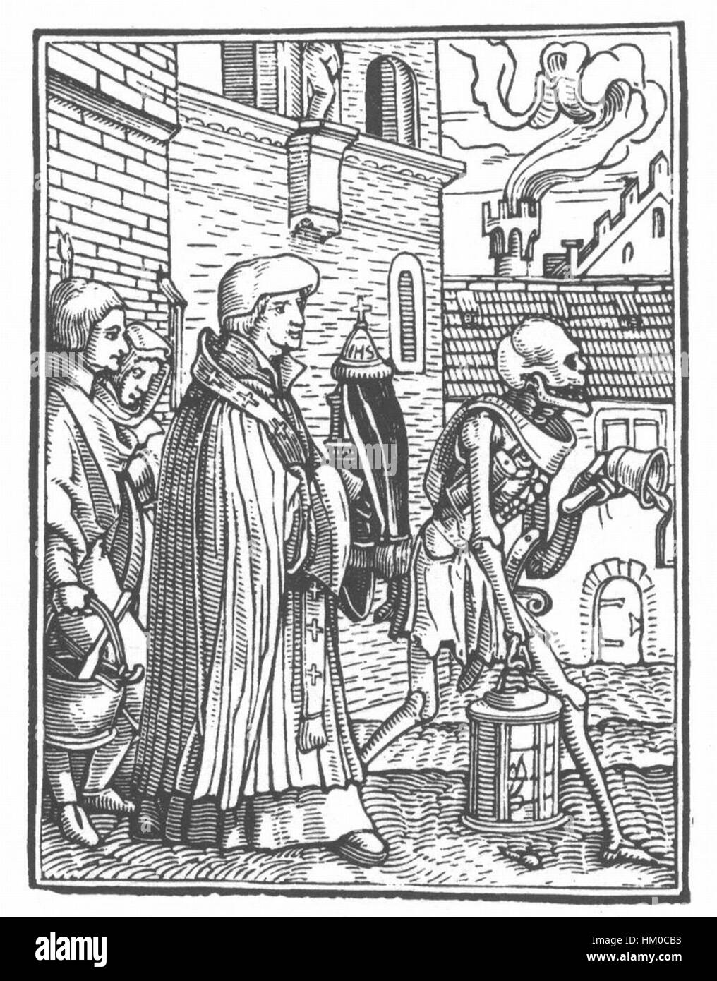Die „Danse Macabre“ von Hans Holbein dem Jüngeren ist eine Serie von Gemälden, die den Tanz des Todes darstellen, eine Allegorie der Universalität des Todes. Dieses Kunstwerk betont das unvermeidliche Schicksal aller, dargestellt durch Skelettfiguren und ihre Interaktion mit Menschen aus verschiedenen sozialen Schichten. Stockfoto