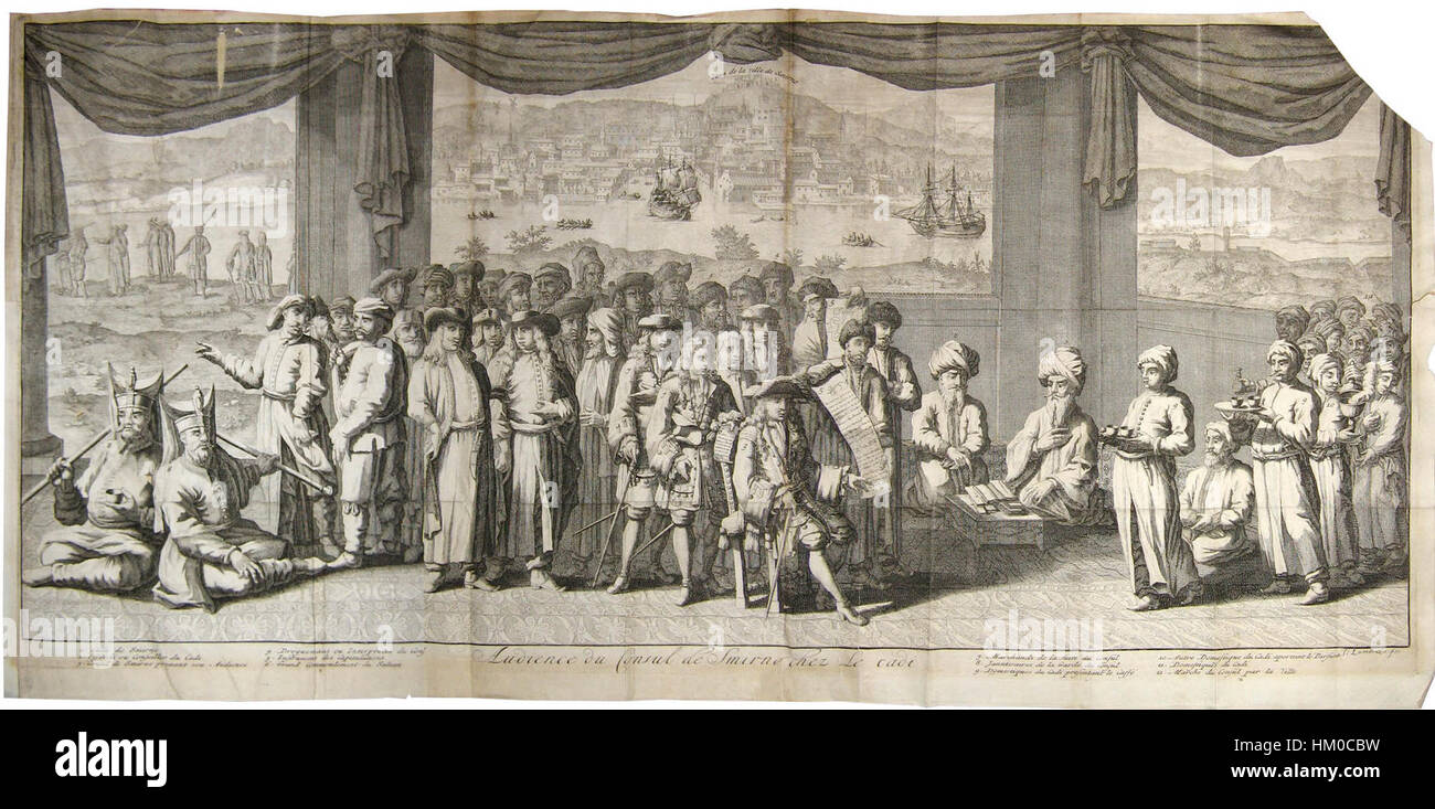 Das 1699 erschienene Kunstwerk „Laudience du Consul de France chez le Cadi Jean du Mont“ zeigt eine Szene aus der französischen Diplomatie des späten 17. Jahrhunderts. Das Gemälde zeigt die Interaktion zwischen dem französischen Konsul und Cadi Jean du Mont und spiegelt den politischen und kulturellen Austausch der Zeit wider. Stockfoto