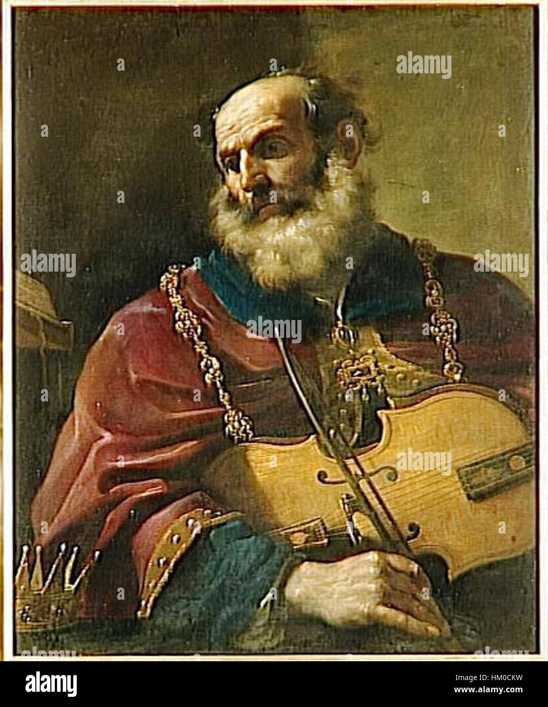 Guercinos Gemälde von David zeigt den biblischen Helden in einem Moment des Triumphes und zeigt seine Stärke und seinen Mut. Der Künstler fängt die intensiven Emotionen und die dramatische Beleuchtung ein, die typisch für den barocken Stil sind, wobei David nach seiner Schlacht siegreich steht. Stockfoto