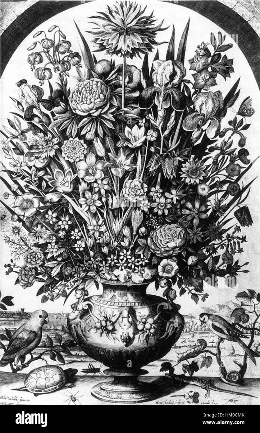 *Flower Piece with Birds* von Hendrik Hondius (I) ist ein detailreiches Stillleben, das eine Vielzahl von Vögeln inmitten einer Vielzahl von Blumen zeigt. Hondius ist bekannt für seine Expertise in Natur- und Stillleben-Darstellungen. Stockfoto