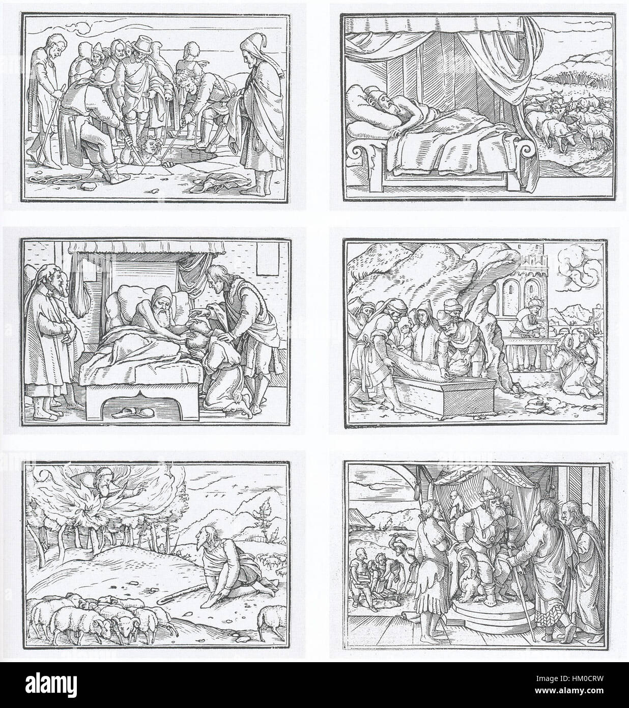 Ikonen von Hans Holbein dem Jüngeren illustriert Szenen aus dem Alten Testament. Diese Serie von Gravuren fängt die spirituelle und historische Bedeutung dieser biblischen Geschichten ein und zeigt Holbeins Beherrschung, Emotionen durch visuelle Kunst zu vermitteln. Stockfoto