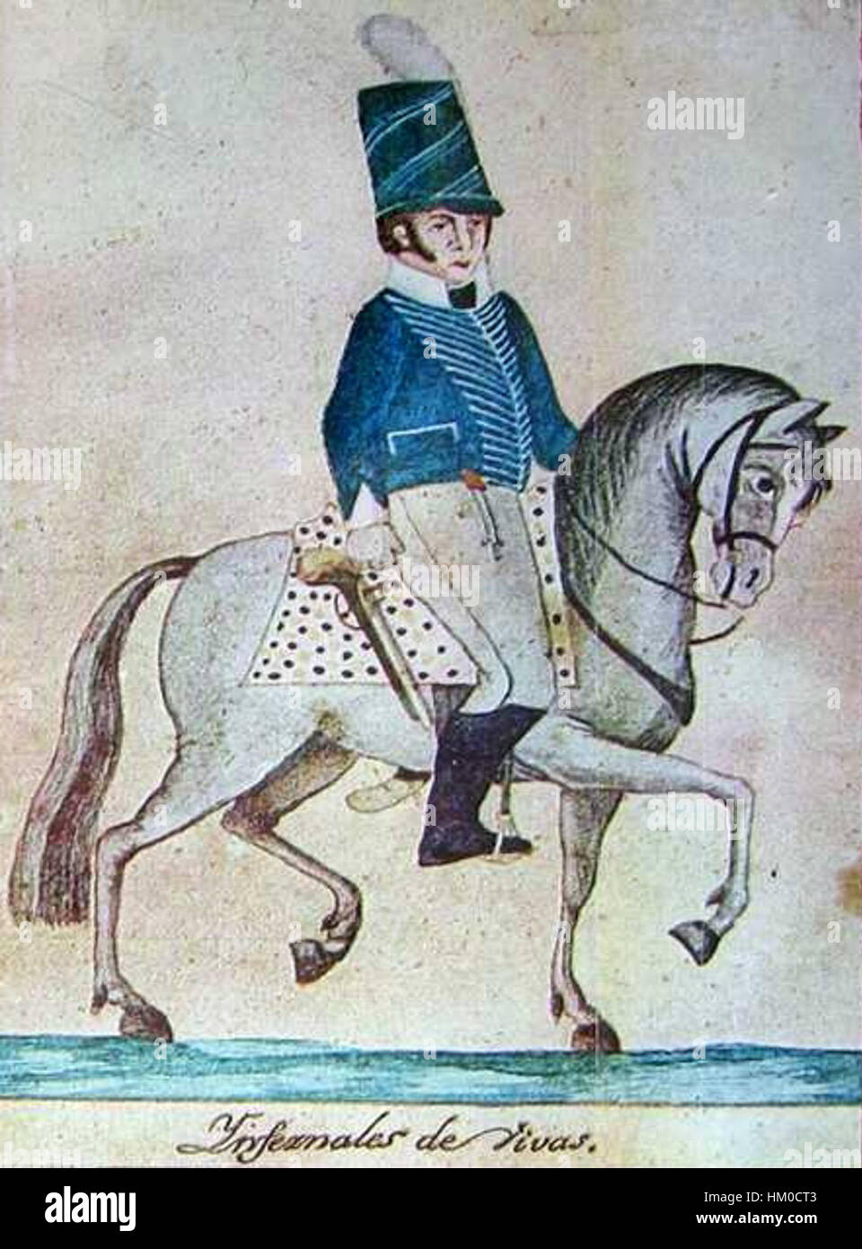 Ein historisches Kunstwerk, das Husaren zeigt, eine Art leichte Kavallerie, die in der Vergangenheit in europäischen Armeen verwendet wurde und für ihre unverwechselbaren Uniformen und ihre Kampfkünste bekannt ist. Stockfoto