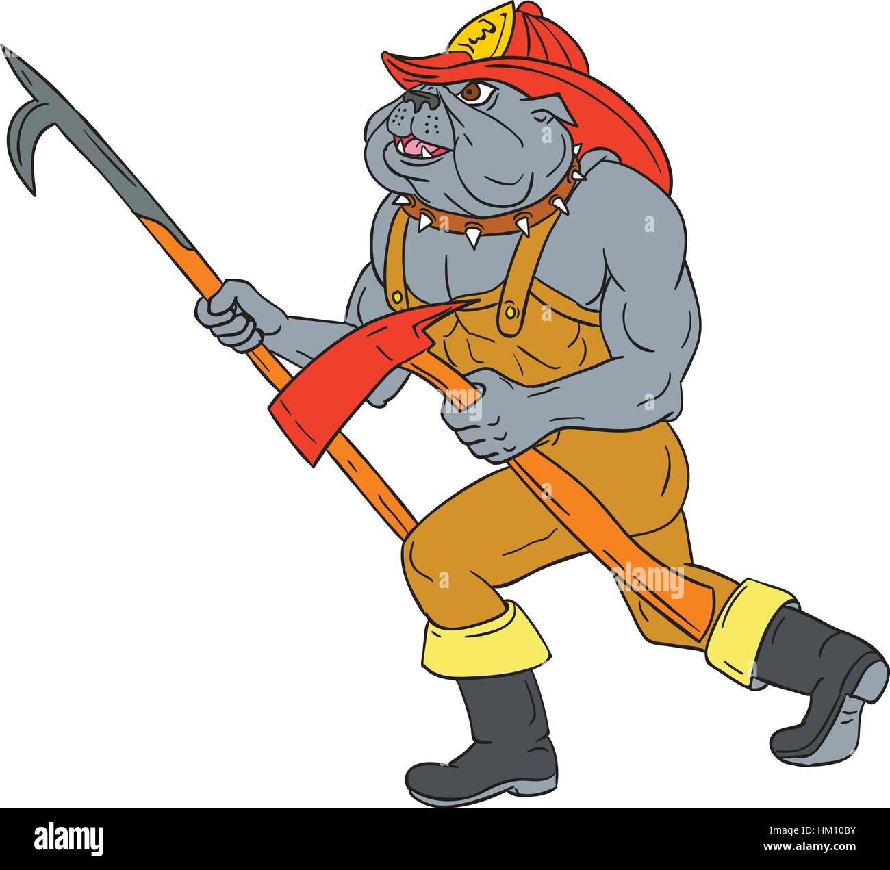 Zeichnung Skizze Stil Illustration der Bulldog Feuerwehrmann Feuerwehrmann hält Hecht poke und Feuer Axt zu Fuß der Seitenansicht auf isolierten weißen backg Stock Vektor