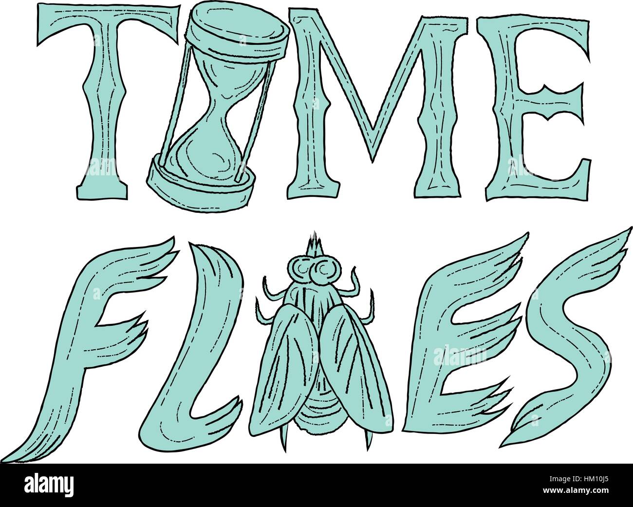 Zeichnung Skizze Stil Illustration der Worte Text Time Flies mit Sanduhr und fliegen auf isolierten weißen Hintergrund. Stock Vektor