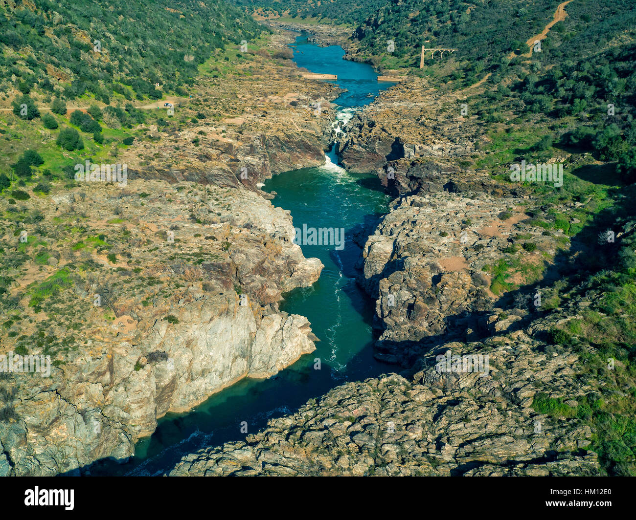 Luftbild von der Pulo Lobo Wasserfall in der Nähe von Mértola, Portugal Stockfoto