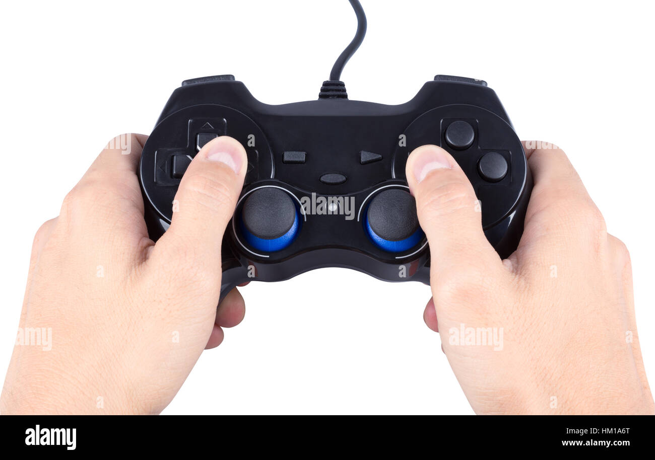 Hand spielen Joystick isoliert auf weißem Hintergrund (mit Clipping-Pfad) Stockfoto