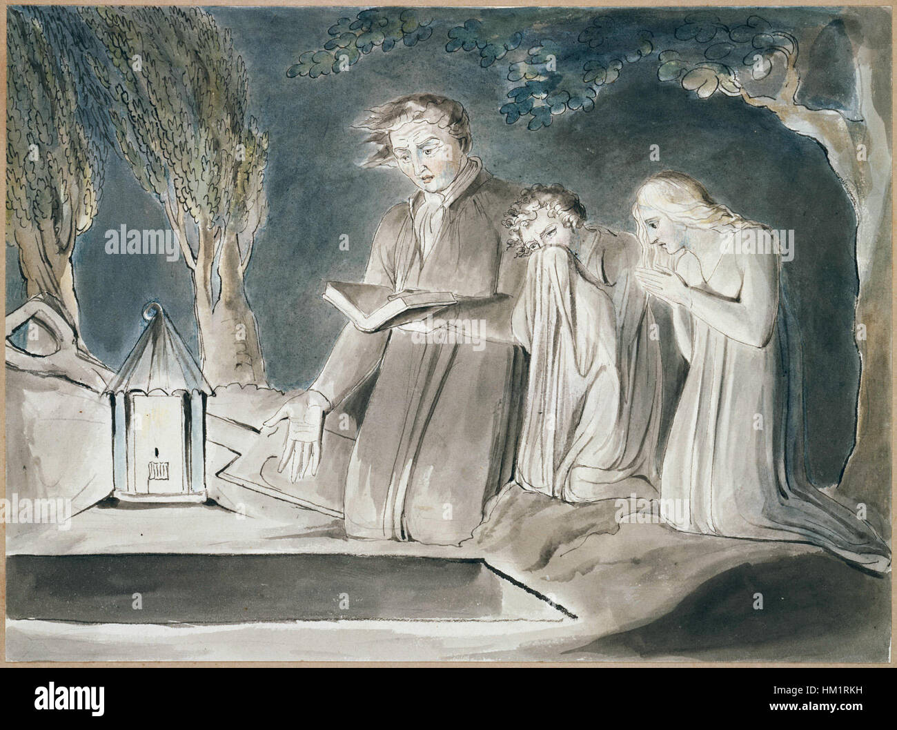 Diese Illustration aus Robert Blairs The Grave zeigt eine düstere Szene eines Vaters und seiner Kinder, die neben einem offenen Grab stehen. Es handelt sich um einen Stich aus dem 18. Jahrhundert, der sich auf die Themen Tod und Trauer konzentriert. Stockfoto