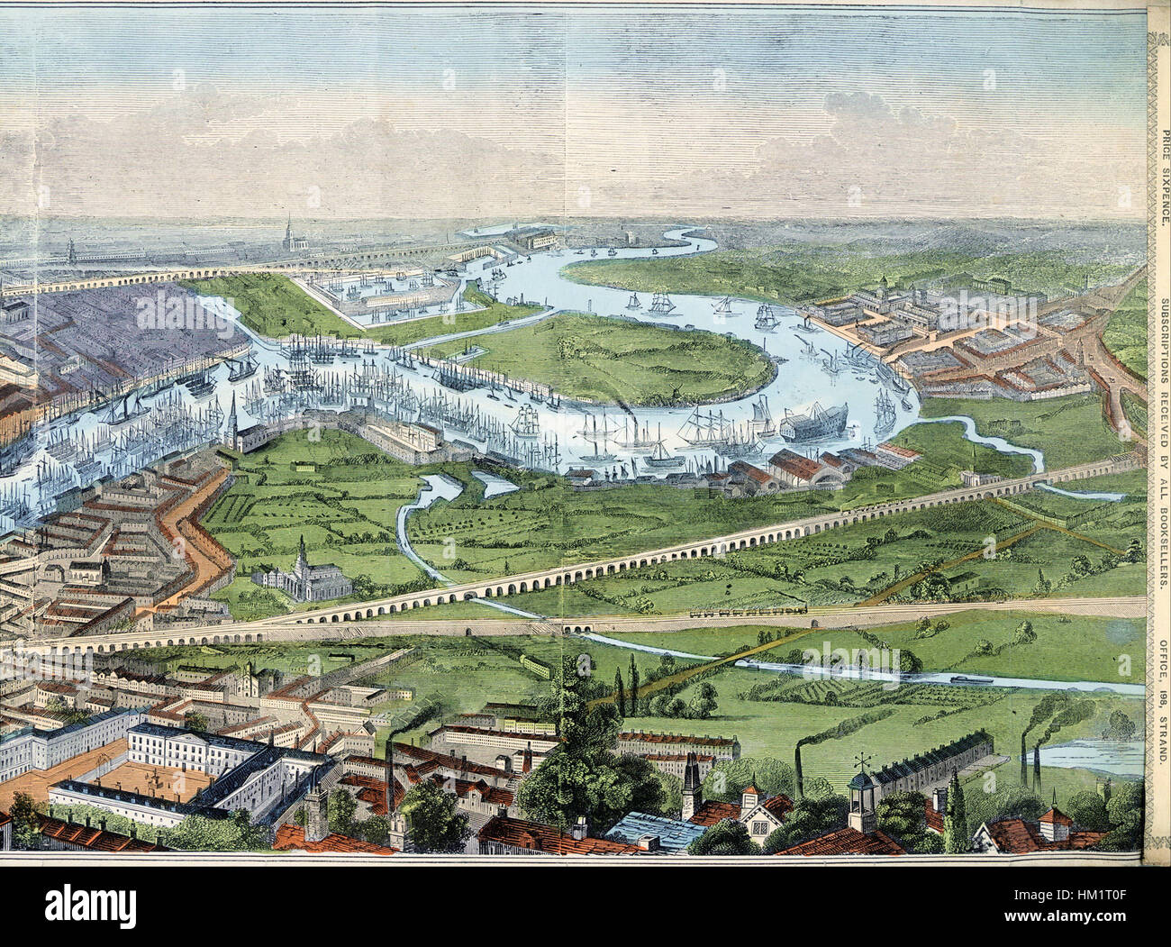 Eine farbige Gravur von „Illustrated London News“ zeigt einen Panoramablick auf London und die Themse. Die Gravur fängt das geschäftige Leben und die berühmten Wahrzeichen Londons während des 19. Jahrhunderts ein und zeigt die Pracht und Entwicklung der Stadt. Stockfoto