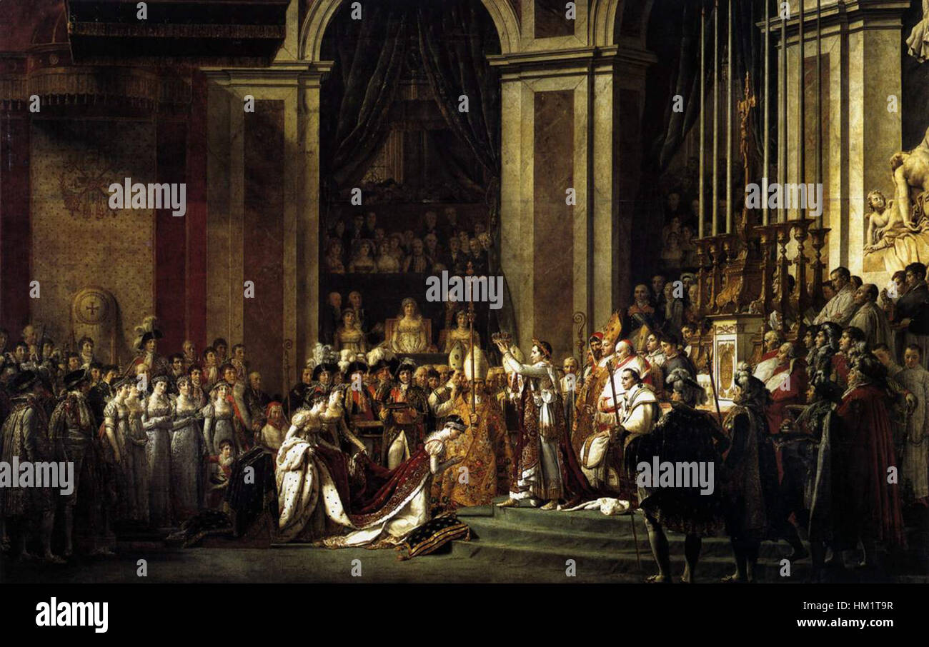 Dieses Gemälde von Jacques-Louis David zeigt die Krönung von Napoleon Bonaparte, einen entscheidenden Moment in der europäischen Geschichte. Das Werk erfasst die Größe und historische Bedeutung des Ereignisses. Stockfoto