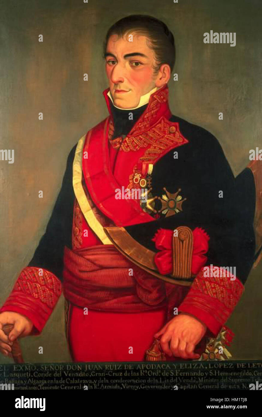 Dieses Kunstwerk von Juan Ruiz de Apodaca spiegelt seinen künstlerischen Stil und seine Herangehensweise an historische Themen wider. Apodacas Werke sind bekannt für seine komplizierten Darstellungen und zeigen eine Verschmelzung von klassischem Einfluss und seiner persönlichen Interpretation von Themen. Stockfoto