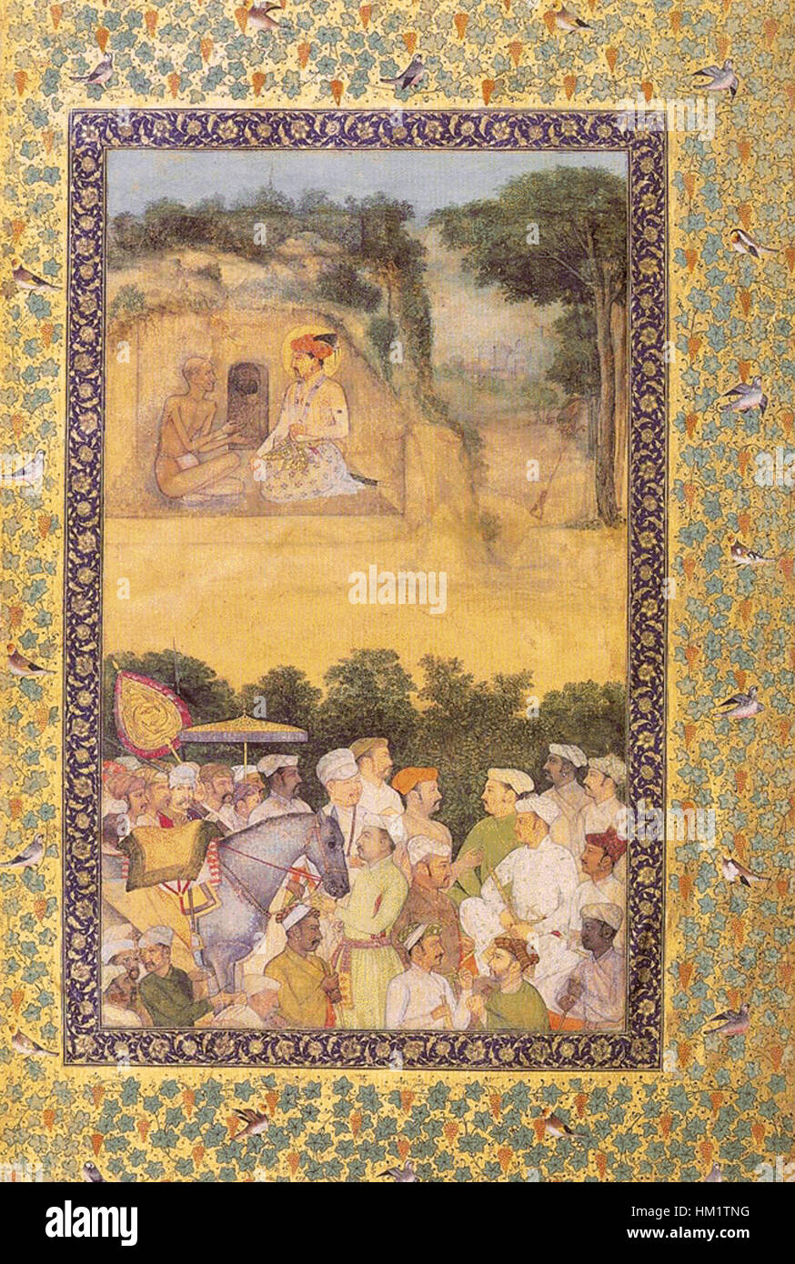 Dieses Kunstwerk zeigt Mogul-Kaiser Jahangir, der mit dem heiligen Mann Gosain Jadrup spricht. Die Szene spiegelt die kulturellen und religiösen Werte des Mogul-Reiches wider und zeigt das Engagement des Kaisers mit religiösen Führern. Stockfoto