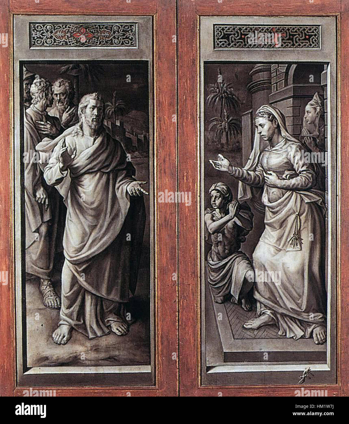 Dieses Triptychon von Jan Cornelisz Vermeyen mit dem Titel „The Micault Family“ zeigt die Meisterschaft des Künstlers im Porträt. Das geschlossene Triptychon-Format zeigt komplizierte Details der Familiendarstellung im 16. Jahrhundert. Stockfoto Dieses Triptychon von Jan Cornelisz Vermeyen mit dem Titel „The Micault Family“ zeigt die Meisterschaft des Künstlers im Porträt. Das geschlossene Triptychon-Format zeigt komplizierte Details der Familiendarstellung im 16. Jahrhundert. Stockfoto