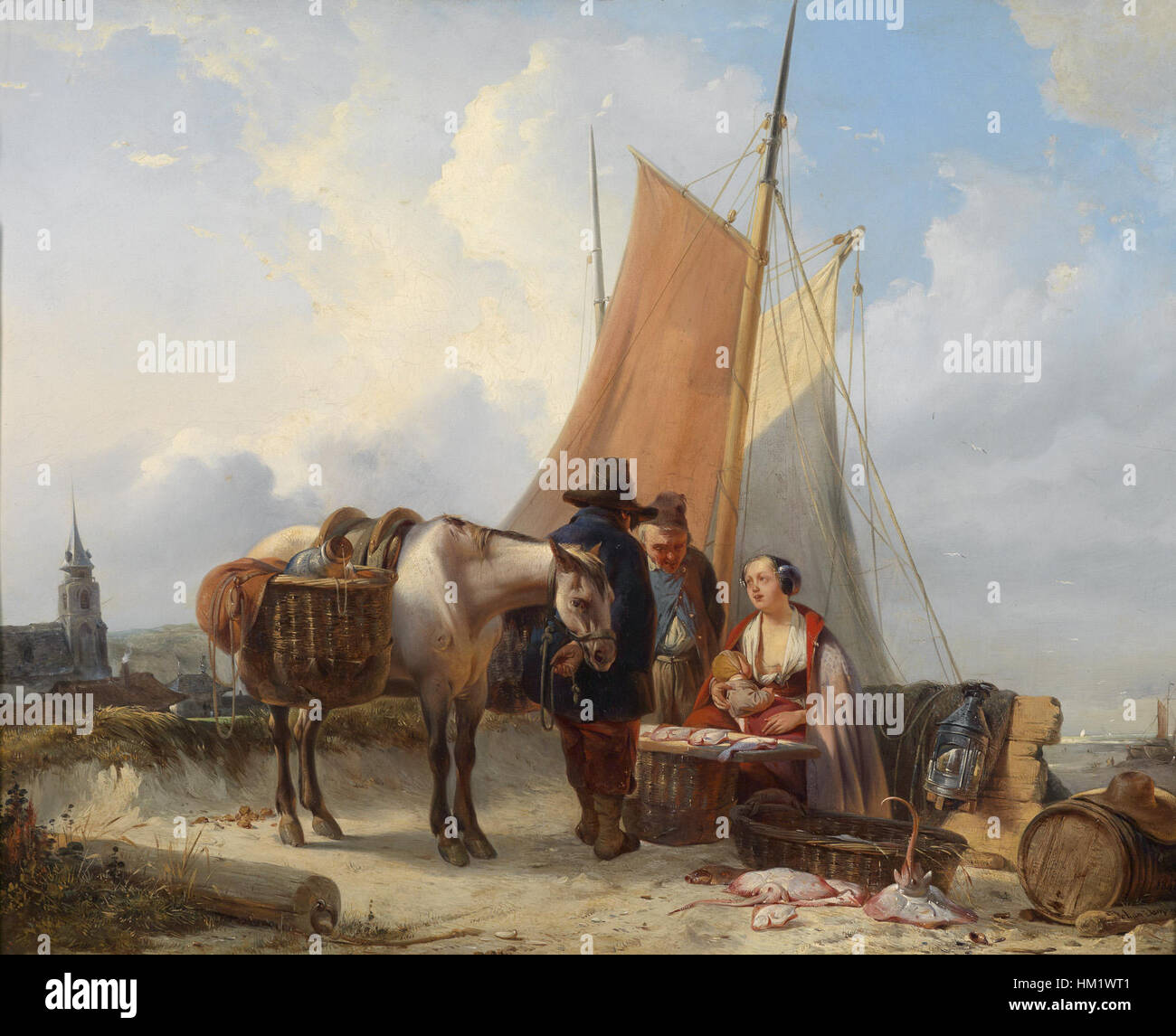 Fischer am Strand von Scheveningen, ein Gemälde von Johan Janssens, das das Alltagsleben der Fischer in Scheveningen, einem Küstendorf in den Niederlanden, zeigt, geschaffen im Jahr 1842. Stockfoto