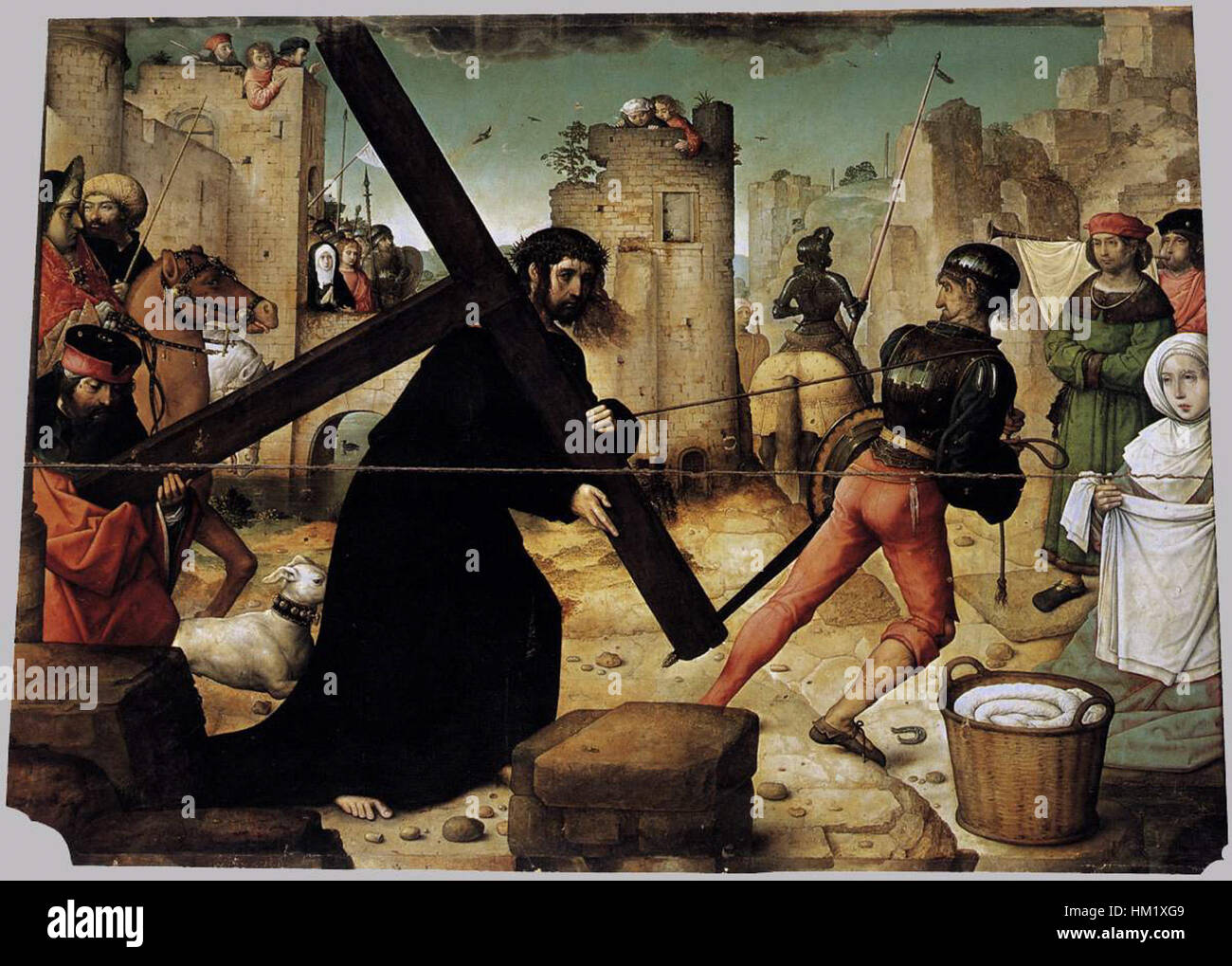 „Tragen des Kreuzes“ von Juan de Flandes, der Christi Reise zur Kreuzigung darstellt. Dieses religiöse Kunstwerk aus dem 15. Jahrhundert spiegelt die Andachtskunst dieser Zeit wider. Stockfoto