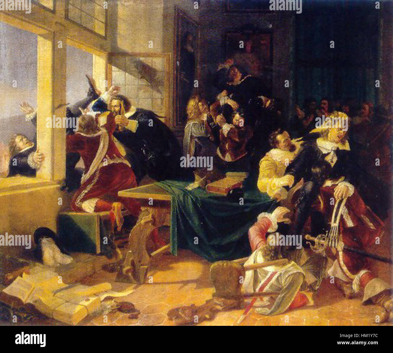 Dieses Gemälde von Karel Svoboda zeigt das berühmte historische Ereignis der Prager Verteidigung, bei dem 1618 zwei katholische Beamte aus einem Fenster geworfen wurden, was den Dreißigjährigen Krieg auslöste. Das Werk fängt den dramatischen Moment und seine Bedeutung für die europäische Geschichte ein. Stockfoto