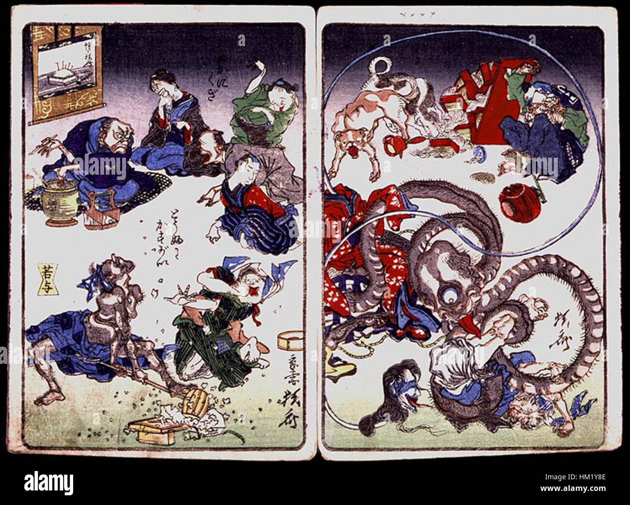 Kyosais Serie „Hundred Pictures“ bietet eine große Auswahl traditioneller japanischer Bilder, die sich auf lebendige Darstellungen von Kultur, Natur und historischen Figuren konzentrieren. Dieses besondere Stück unterstreicht den dynamischen Stil und die lebendige Farbgebung des Künstlers. Stockfoto