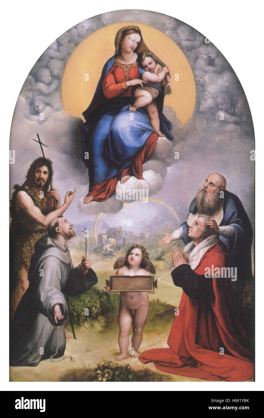 Ein Renaissance-Gemälde von Josef von Hempel mit dem Titel „Madonna von Foligno“. Das Kunstwerk zeigt die Jungfrau Maria und das Kind in einer ruhigen und klassischen Komposition, die Hempels Meisterschaft in der religiösen Kunst unterstreicht. Stockfoto