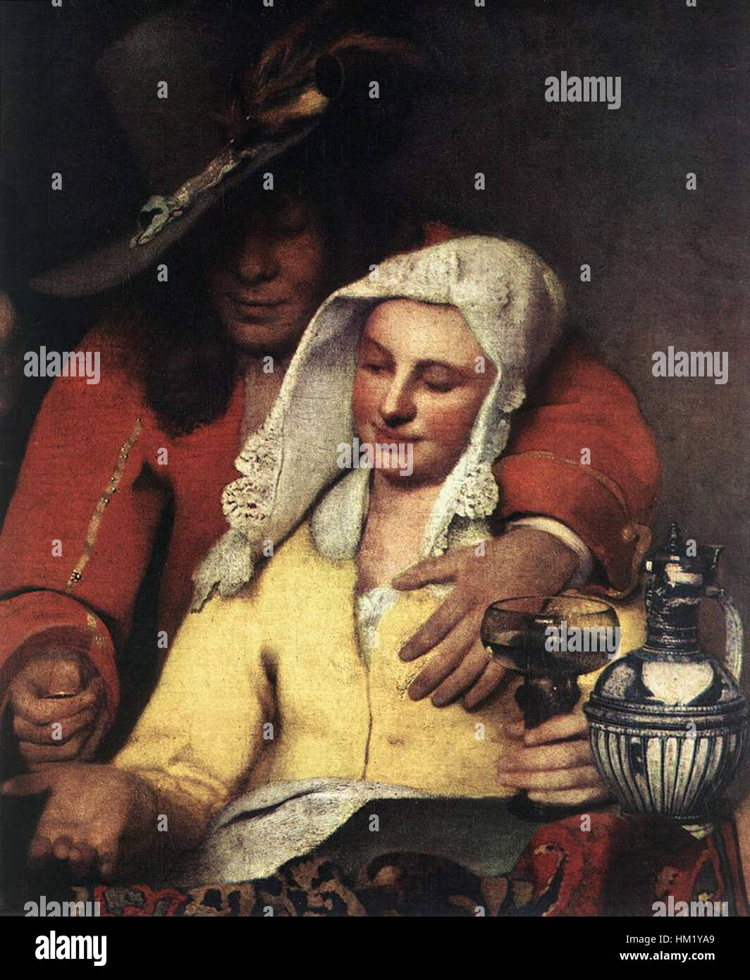 Dieser detaillierte Teil eines Gemäldes von Johannes Vermeer bietet einen näheren Blick auf die zarte Komposition und den meisterhaften Umgang mit Licht. Vermeers Werk wird für seine akribische Liebe zum Detail und zur Tiefe verehrt. Stockfoto