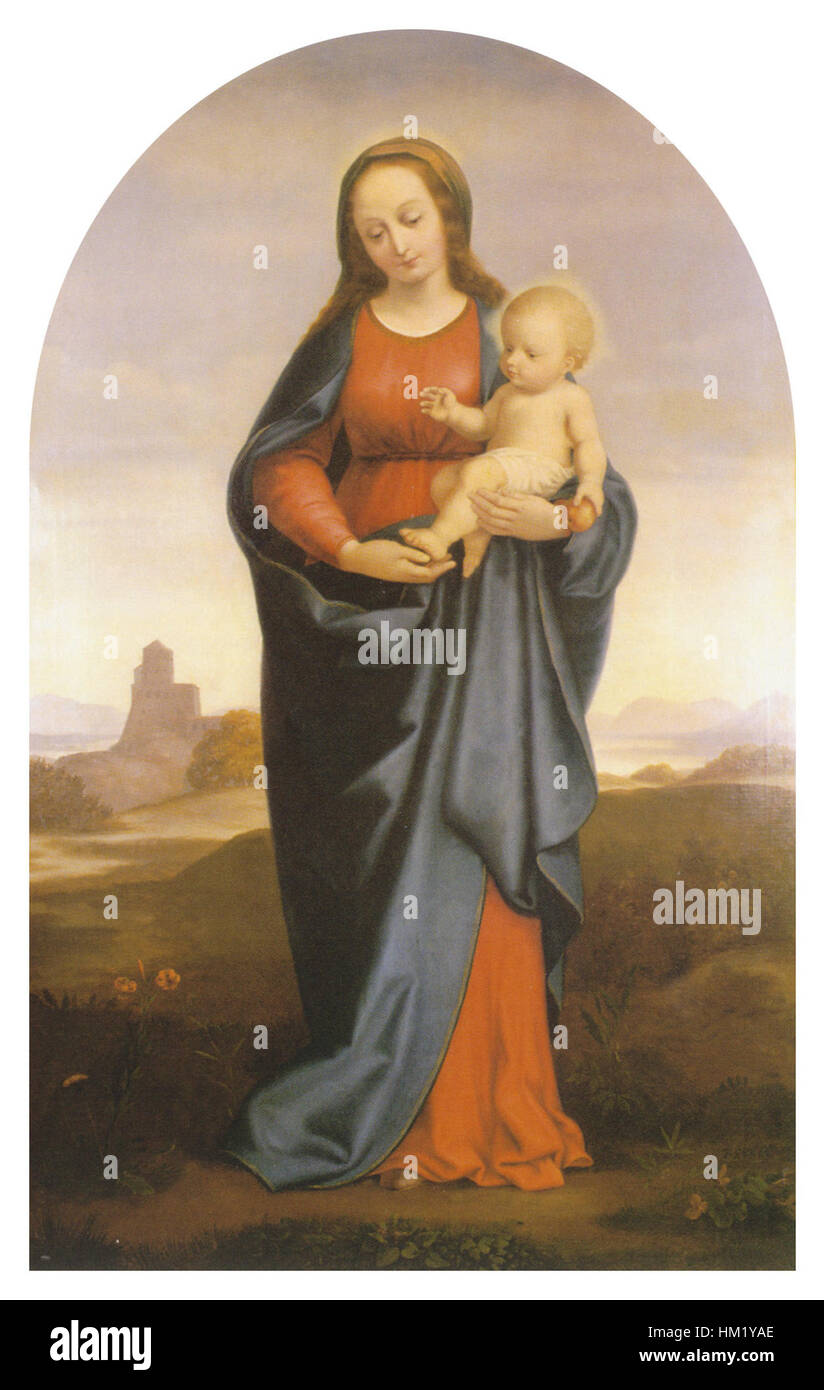 Maria mit dem Christuskind von Josef von Hempel stellt die Jungfrau Maria dar, die das Kind Jesus hält. Das Gemälde ist eine klassische Darstellung religiöser Kunst und konzentriert sich auf die Zärtlichkeit und göttliche Natur der heiligen Familie während der Renaissance. Stockfoto