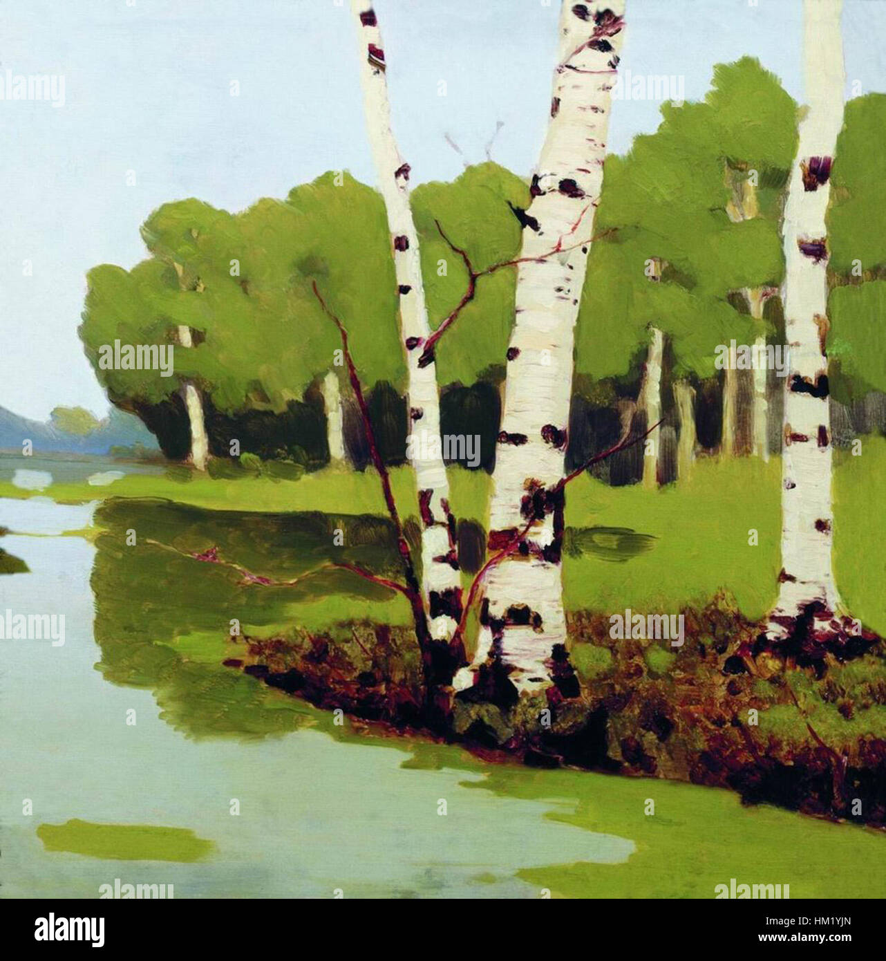 Arkhip Kuindzhis *Birch Trunks* (1879) ist ein gefeiertes Landschaftsbild, das die Technik des Künstlers zeigt, das Licht und die Schatten der Birkenwälder einzufangen. Kuindzhis Beherrschung des Lichts machte ihn zu einer führenden Figur der russischen Kunst. Stockfoto