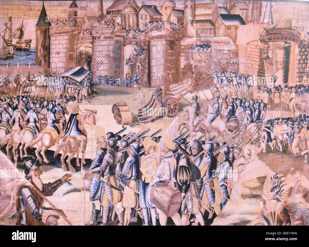 Dieses historische Gemälde zeigt die Belagerung von La Rochelle durch den Herzog d'Anjou im Jahr 1573. Das Kunstwerk fängt das militärische Ereignis ein und hebt die Spannung und das Drama um die französischen religiösen Konflikte des 16. Jahrhunderts hervor. Stockfoto