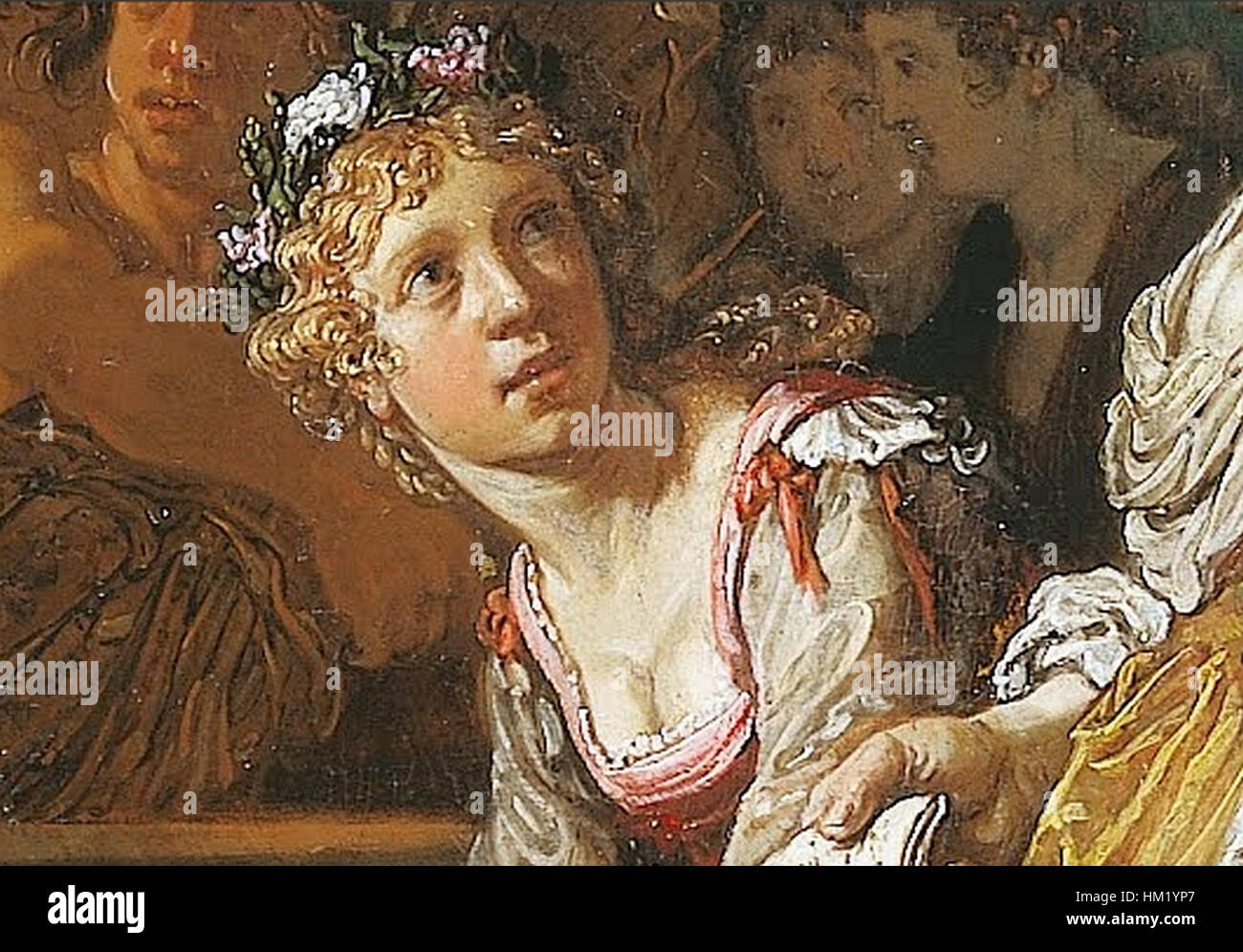 In Pieter Lastmans „de offer strijd tussen Orestes en Pylades“ zeigt diese detaillierte Szene den dramatischen Moment der griechischen Mythologie, wobei die Frauen Blumen fallen lassen und Themen des Schicksals und der Opfer im antiken griechischen Drama symbolisieren. Stockfoto