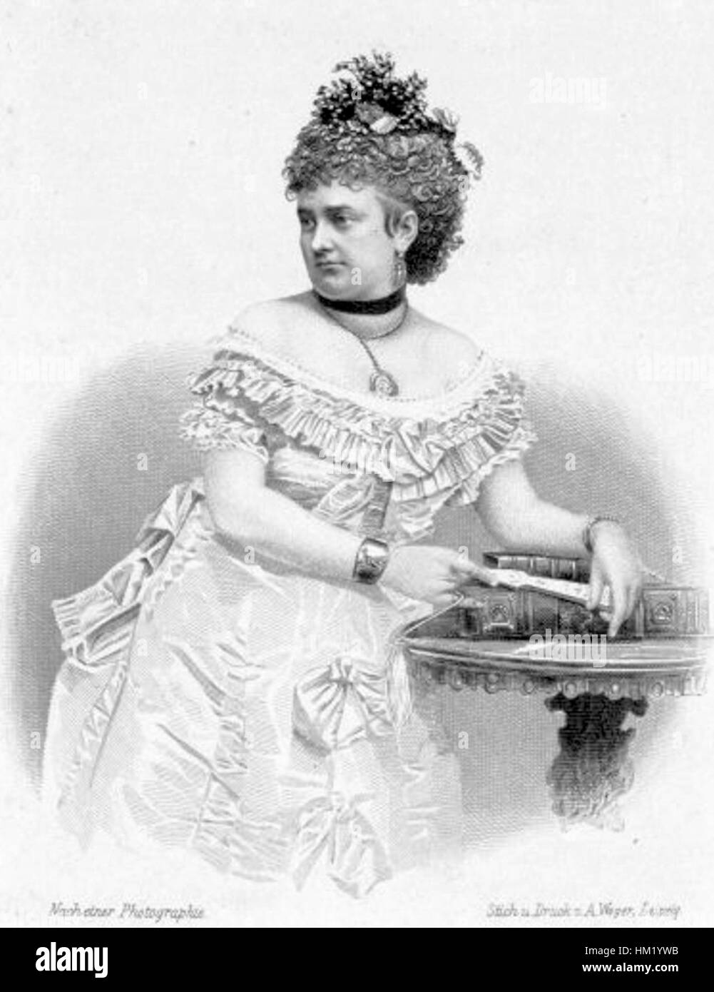 Das Porträt von August Weger zeigt Josephine Schefsky, eine historische Figur des 19. Jahrhunderts, die ihr Bild mit raffinierten Details einfängt. Das Gemälde zeigt ihr ausgeglichenes Verhalten und ihre elegante Mode, die typisch für diese Zeit ist. Stockfoto