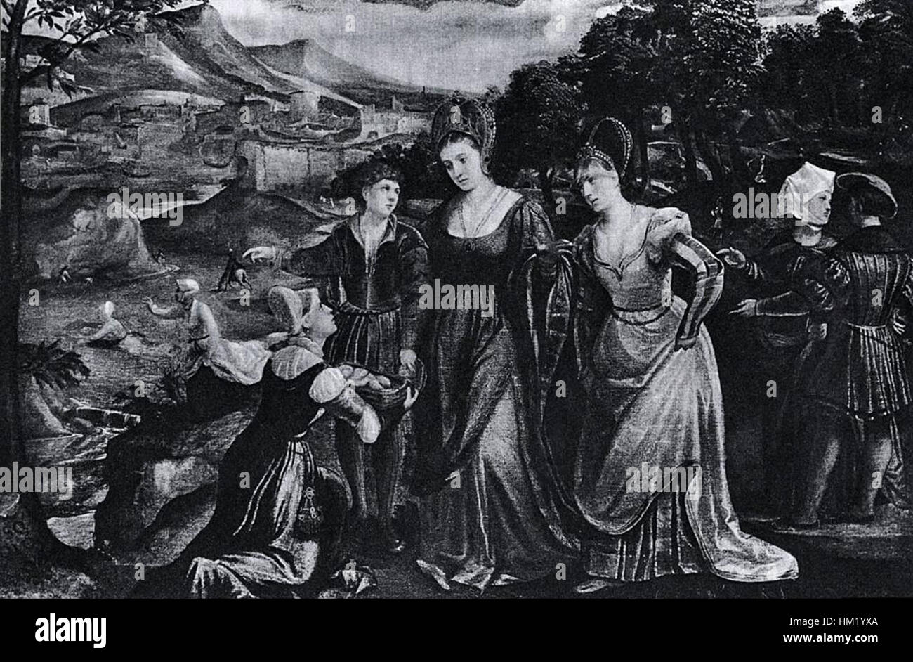 Der „Fund of Moses“ ist ein historisches Kunstwerk, das die biblische Geschichte von Moses darstellt, der im Nil entdeckt wurde. Es zeigt klassische erzählerische Elemente religiöser Kunst aus der Renaissance. Stockfoto